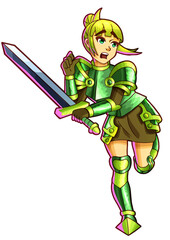 A cute girl knight with a scared face stands on one leg holding a big sword in her hand she is drawn in a cartoon anime and manga style sticker illustration