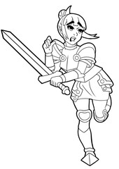 A cute girl knight with a frightened face stands on one leg holding a big sword in her hand. She is drawn in a cartoon anime and manga style outline coloring book