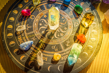 Healing crystals on brown background