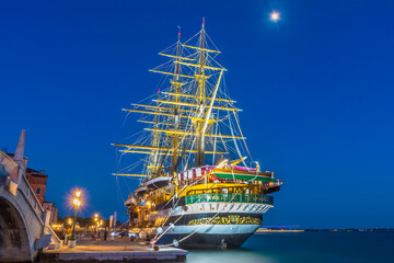 The famous Tall Ship Amerigo Vespucci in Venice, Italy at night 