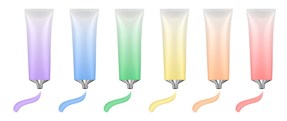 Rainbow palette of acrylic paint in metal tubes. Liquid watercolor. Oil paint or gouache. Paint smears. Tempera splash. Purple, blue, green, yellow, orange and red colors.