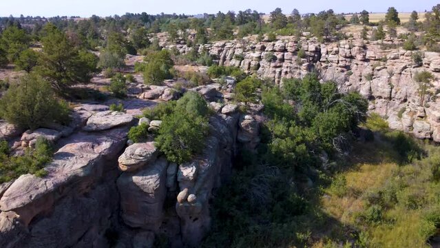 Aerial drone of rock formations at Castlewood Canyon State Park in Douglas County, Colorado