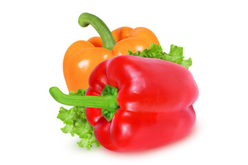 Peppers and salads on an isolated white background. Red and orange pepper, salad