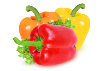Red, yellow and orange peppers on an isolated white background.