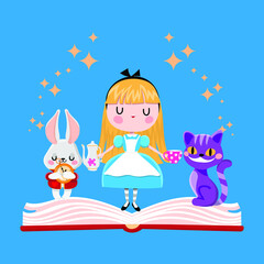 Alice in Wonderland cat and white  rabbit in the opened book