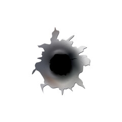 Bullet holes of gun or pistol. Shoot in metal single and double hole. Damage and cracks on surface. Vector isolated on background
