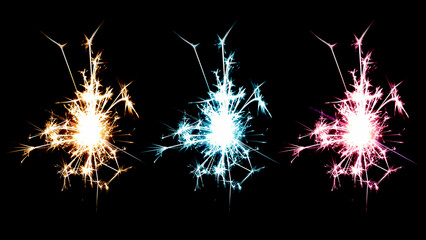 Sparkling sparkler on a black background. Fireworks, stars, flashes of light. Pyrotechnics. The concept of the holiday. Christmas, New Year. Explosion. An element for design. Bengal fire - obrazy, fototapety, plakaty