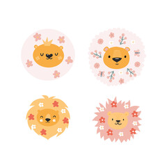 Cute lions with floral. Modern vector illustration