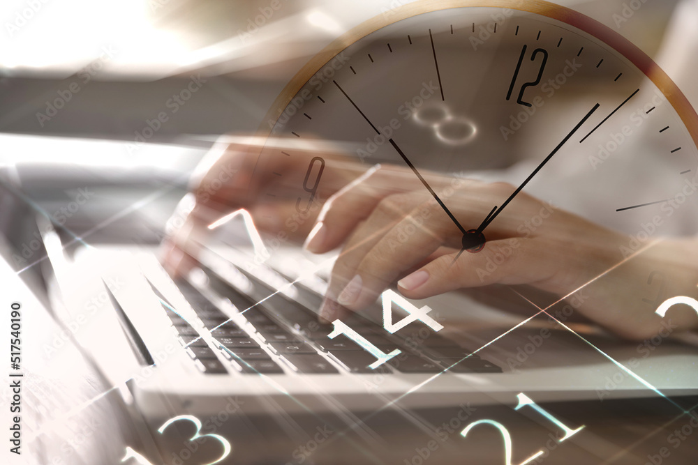 Wall mural multiple exposure of woman working on laptop, calendar and clock