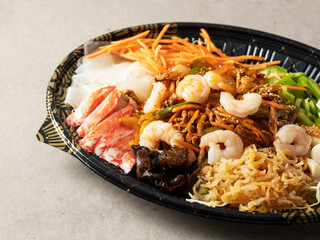 seafood and vegetables with mustard sauce