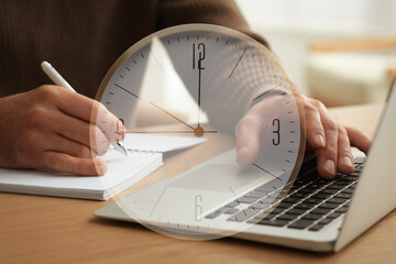 Double exposure of man working with laptop and clock - Powered by Adobe