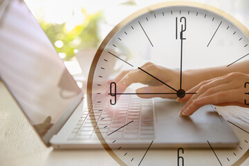 Double exposure of woman working on laptop and clock - obrazy, fototapety, plakaty