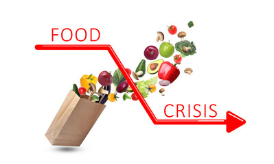 Global food crisis concept. Kraft paper bag with different fruits, vegetables and decline graph on...