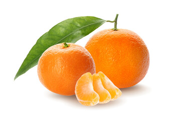 Tasty ripe tangerines and green leaf on white background