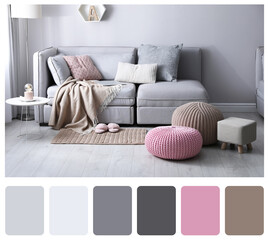 Color palette and photo of stylish living room interior. Collage