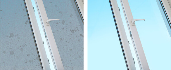 Collage with photos of window before and after cleaning indoors. Banner design