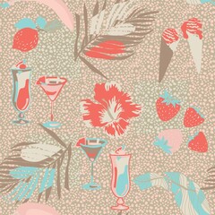 tropical pattern with  cocktail, palm leaves and hibiscus