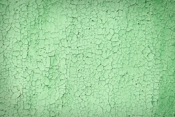 Texture of cracked light green wall as background, closeup