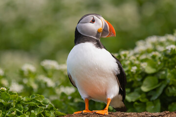 Atlantic puffins - Fratercula arctica - standing in green vegetation with white flowers. Photo from Hornoya Island in Norway.
