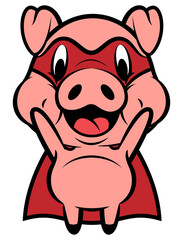 Cartoon illustration of Funny Piglets wearing Superhero costume and flying, best for sticker, mascot, and logo with Superhero themes for kids