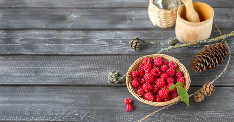 Fresh raspberries in a wicker basket and gifts of the forest - cones, branches on a wooden table. Banner. Copy space