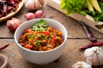 Thai Northern Style canned tuna and Tomato Chili Relish,Nam Prik Ong tuna (Northern thai meat with tomato spicy dip)