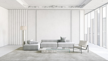 White apartment with furniture, sofa and decor. 3d render illustration mockup.