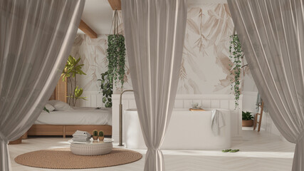Fototapeta na wymiar White openings curtains overlay bohemian wooden bathroom and bedroom in boho style, clipping path, vertical folds, soft tulle textile texture, stage concept with copy space
