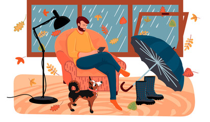 Male character in a chair after a walk in the rain.Man with a smartphone indoors with an open window.Flying leaves, umbrella, boots, floor lamp and dog.Autumn vector flat illustration background.