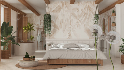 Fluffy airy dandelion with blowing seeds spores over bohemian wooden bedroom and bathroom in boho styles. Interior design idea. Change, growth, movement and freedom concept