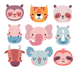 Cute african animals - elepant, zebra, giraffe, lion, monkey, crocodile, cheetah. Childish characters for your design.
