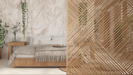 Wooden panel close-up, bohemian wooden bedroom in boho style. Double bed, hanging chair and potted plants. Mediterranean farmhouse interior design concept idea