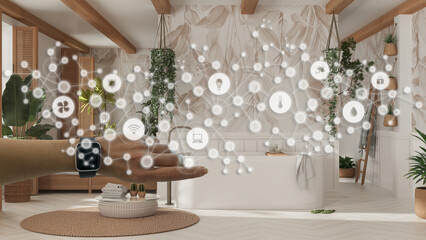 Woman wearing a smart watch, arm, wrist, geometric background with connected line and dots showing internet of things system, home automation concept over boho bathroom