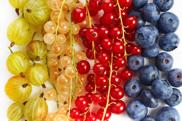 Berries overhead colorful assorted mix of gooseberry, blueberry, red currant.