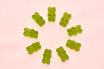 Top view of green sweet yummy teddy bear candies