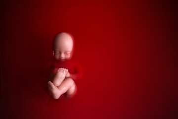 Abortion concept. Baby doll in the red blood looks like abortation.