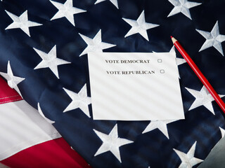 parliamentary elections. Republicans and Democrats. A sheet of paper and a red pencil on the background of the state American flag. Advertising, banner, poster.