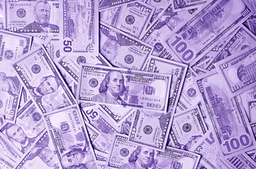 Surreal pop art style heap of purple colored United States dollar bills for business and wealth...