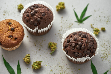 Variety cupcakes with marijuana leaf and buds