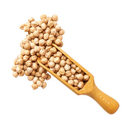 wooden spoon or scoop with raw chickpeas seen isolated on white background top view.