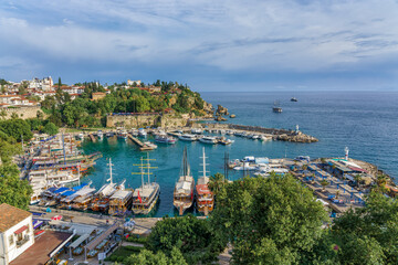 Fototapeta premium Panoramic view of Antalya Old Town Kaleici port. Antalya, Turkey.
