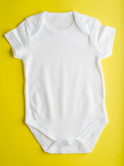 Close-up. On a bright yellow background, a pure white bodysuit for babies made of natural fabric - boys and girls. Flat layout for design and placement of logos, prints, advertising.