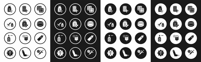 Set Pills in blister pack, Medicine bottle and pills, Medical syringe with needle vial or ampoule, tablet, Ointment cream tube medicine and nozzle spray icon. Vector