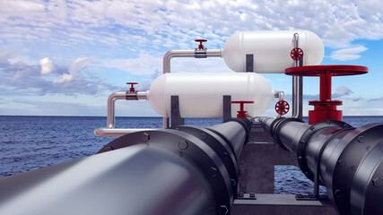 Marine oil terminal. Equipment for loading fuel on ships. Oil pipeline. Pipes with red valves in...
