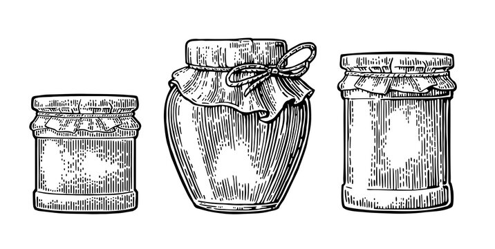 Various glass jars with jam and packaging paper. Vector vintage engraving