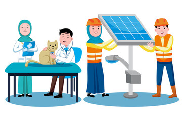 Set of professions characters and objects in flat design style