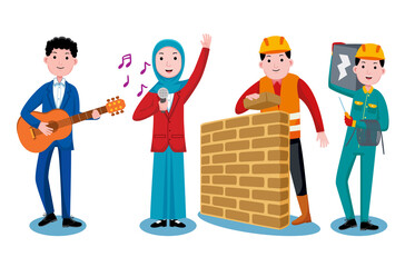 Set of professions characters and objects in flat design style