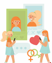 Online communication with partner flat concept vector illustration. Two girls in love isolated 2D cartoon characters on white for web design. Meeting soulmate through dating app creative idea