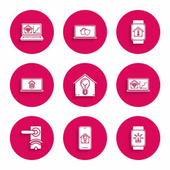 Set Smart house and light bulb, Mobile phone with smart, watch alarm, Laptop home wi-fi, Digital door lock wireless technology for unlock, temperature and icon. Vector