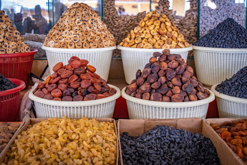 nuts and dried fruits, bazaar in Samarkand, silk road, Uzbekistan, Central Asia